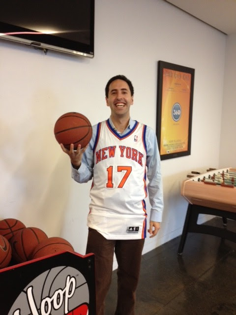 David in a New York #17 Jeremy Lin Knicks jersey, holding a basketball